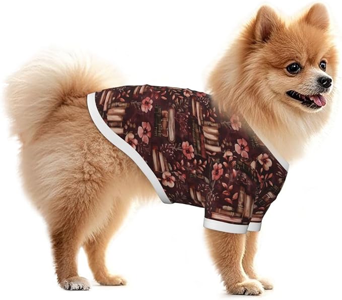 Vintage Floral Bookshelf Dog T Shirt Dogs Cats Cotton Shirts Short Sleeve Clothes Soft Stretchy Pet Costume Doggy Outfit Pullover Jumper Puppy Sweatshirt Large