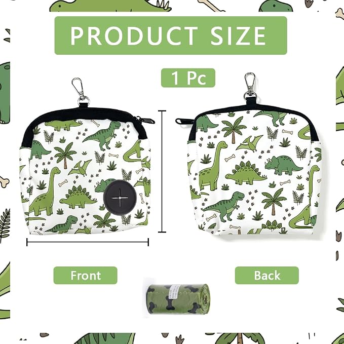 Cute Dog Treat Pouch 5.12 x 4.72 Inch Clip on Pet Treat Bag Cartoon Dinosaur Pattern Polyester Portable Snack Reward Dog Food Dispensers with 1 Roll Garbage Bags for Traveling Outdoor Use
