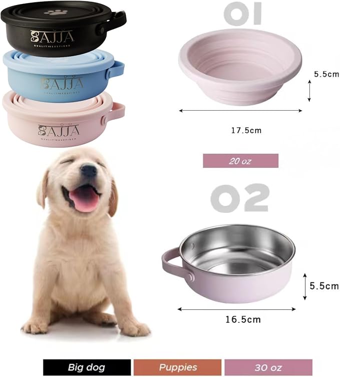 Black Slow Feeder Travel Dog Bowl Set – 30oz Stainless Steel + 20oz Collapsible Silicone Dish + Silicone Slow Feeder Insert | Water Bottle Holder | Non-Slip, Anti-Choking, BPA-Free – Claim