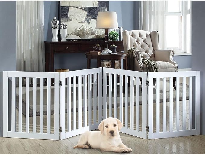 unipaws 24”H Free Standing Pet Gate for Dog Cat, 80”Wide Wooden Dog Gates | Foldable Pet Fence for Doorway, Stairs, Step, Expandable Doggy Barrier, Indoor Use, White