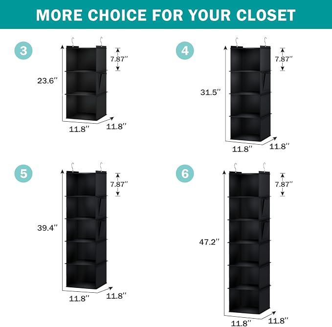 YOUDENOVA Hanging Closet Organizer and Storage for Clothes, 4-Shelf, Black | Locker/RV/Camper Organizer, Side Pocket, Hanging Shelves for Small Closet, Dorm Room Essentials for Guys, Breathable Fabric