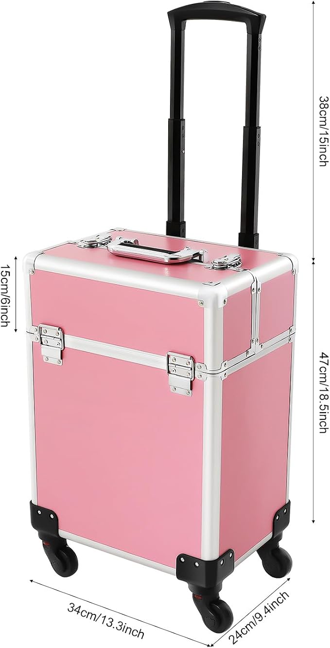 Rolling Makeup Train Case, Lockable Cosmetic Trolley with 2 Keys, Aluminum Cosmetic Case Rolling Makeup Trolley Case 4 Tray with Sliding Rail, Salon Barber Case Traveling Cart Trunk
