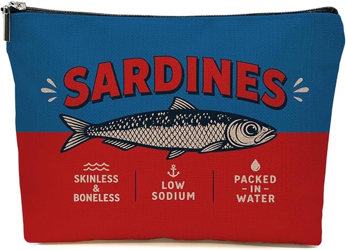 JIUWEIHU Funny Sardines Gifts Makeup Bag Vintage Sardines Cosmetic Bag | Ocean Beach Travel Toiletry Bags Fish Makeup Pouch Christmas Birthday Gifts for Women Mom Girls Sisters Friends Fish Lovers