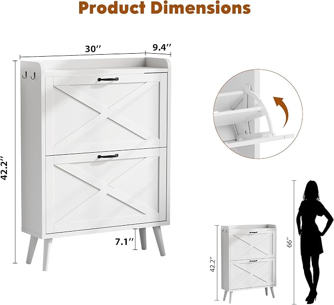 Shoe Cabinet Storage for Entryway with 2 Flip Drawers,Barn Door | Narrow Shoe Rack Cabinet with Adjustable Shelves & Hidden Storage for Foyer, Hallway, Living Room, 2 Hooks,White