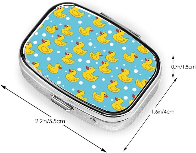 Metal Pill Box AM/PM Compartments Small Medicine Organizer Supplements Case Travel Essential, Yellow Rubber Duck Print