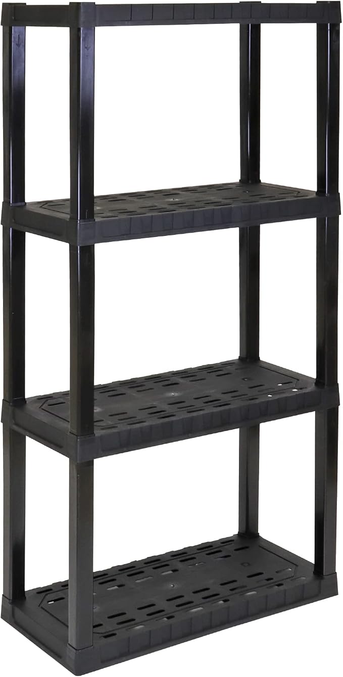 Oskar Heavy Duty Plastic Storage Shelves- for Garage, Kitchen, Bathroom Basement, Kids Room, Toys,Stackable 4-Tier Black, Organizer Rack for Books Shoes, Pantry, Cleaning and Closet Organization