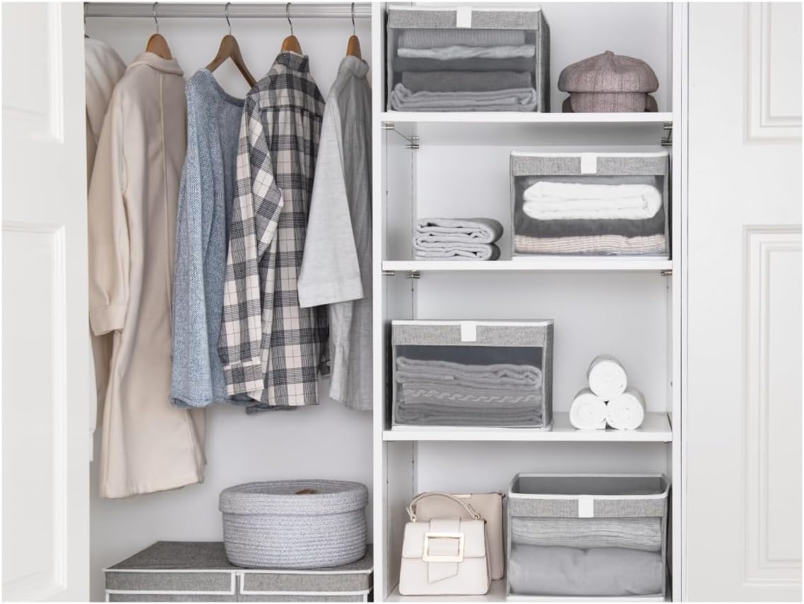 StorageWorks Large Closet Storage Bins, Fabric Storage Basket, Gray, 3-Pack | Mesh Front Window, Soft Leather Handles, Collapsible, Flip to Show/Hide, Closet Organizers Bins for Shelf, Bedroom, Bathroom