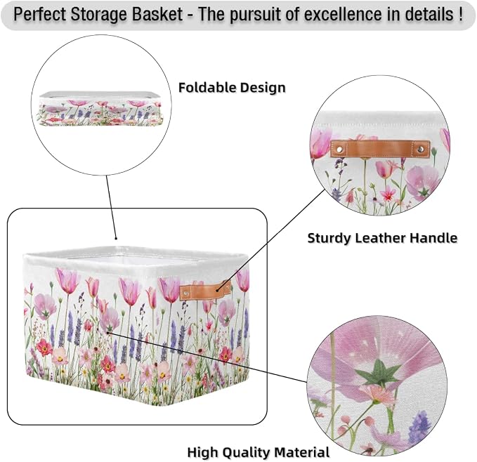 Pardick Basket Storage Bins Flower Floral Pink Rectangle Cube Basket Box Kids Girls Boys Toys Organizer Beaket Decor Foldable with Handle for Living Room Bedroom Closet Nursery Office Shelf Gifts