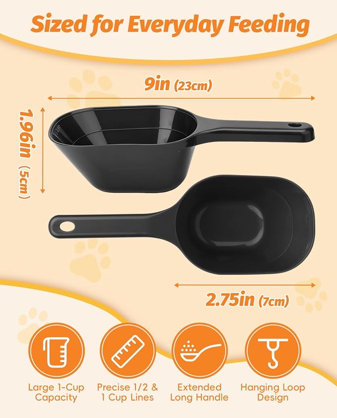 2 PACK Dog Food Scoop,1 Cup Capacity Pet Food Scoop For Dog and Cat (Black) | Clear Markings for Precise Measuring 1/2 and 1 Cup Line, Dishwasher Safe,Plastic,Portable and Sturdy