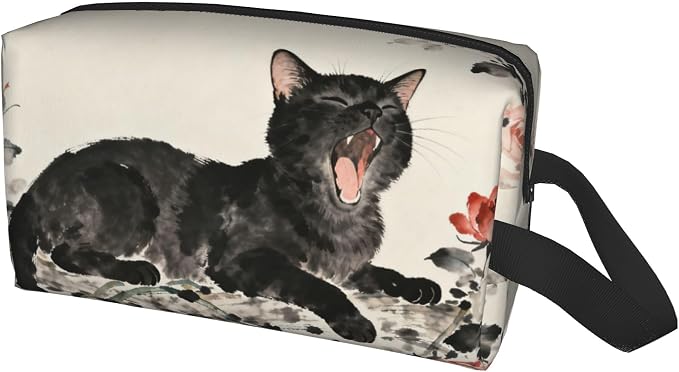 Yawning Black Cat Roses Makeup Bag - Durable 600D Oxford Fabric Travel Cosmetic Bag, Shockproof Foam Padded Toiletry Organizer for Gym & Daily Use 10x6.2x4.9 Inch