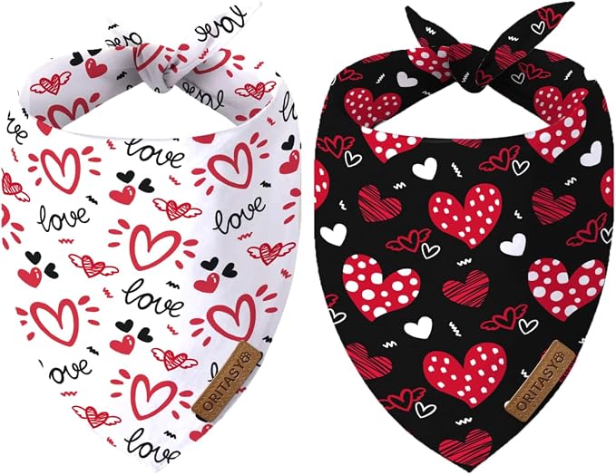 Valentines Day Dog Bandanas, 2-Pack Triangle Reversible Valentine Pet Scarves, Premium Fabric, Bandana for All Boys Girls Dogs (L, Style 2)