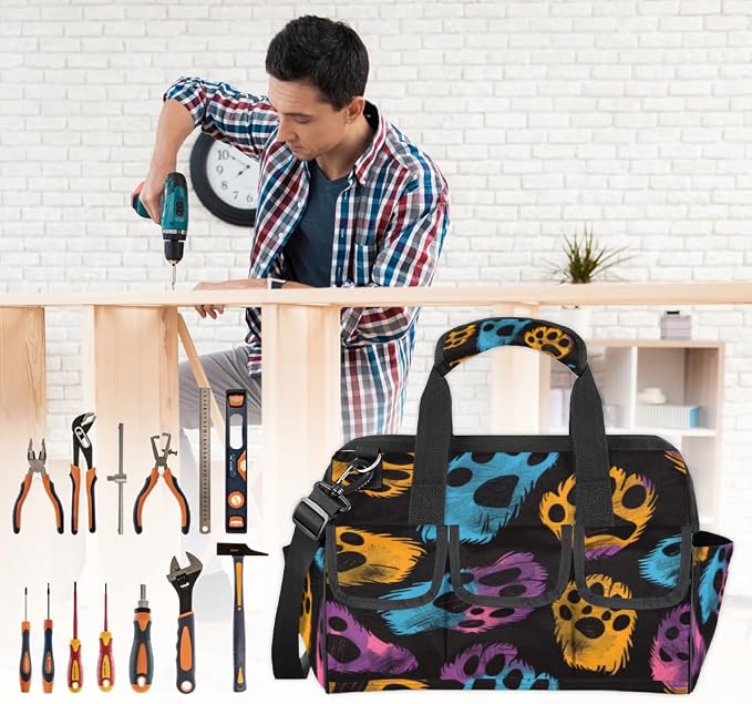 Dogs Cat Pet Paw Heavy Duty Tool Bag for Men Garden Engineer Electrician Carpenter Sturdy Portable Tool Box Organizer Storage with Handle Pockets Strap 15 Inch