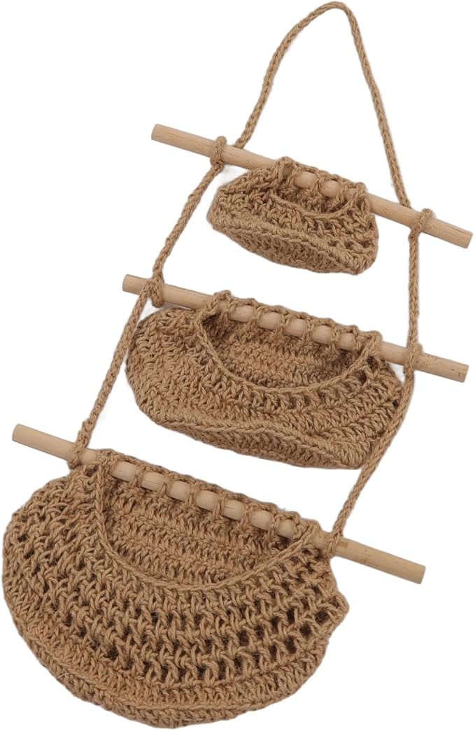 3 Tier Hanging Fruit Basket, Wall Mounted Hemp Rope and Wood Hanging Basket, Handcrafted Over The Door Organizer for Toys Pet Plush Dolls Kitchen Bathroom Storage