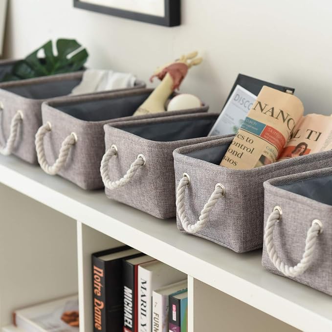 Foldable Small Storage Baskets with Strong Cotton Rope Handles [6-Pack] Gray Collapsible Storage Bins Set Works Room Storage, Nursery Baskets
