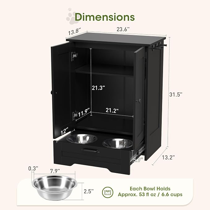 Dog Feeding Station with Storage Cabinet, Black Wood Dog Cabinet with 2 Elevated Stainless Steel Bowls, Hidden Pull-Out Feeder Drawer, Pet Feeding Station for Kitchen and Living Room