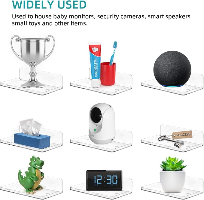 Wall Mount Floating Shelves for 2 Pcs Security Camera Shelf Mini Speaker Other Small Items in Bedroom Bathroom Kitchen Living Room Clear Mini Shelf Flexible Use for Wall Space(L)
