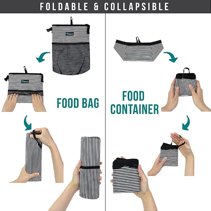 PetAmi Travel Dog Food Bag with 2 Collapsible Bowls Waterproof Dog Kibble Storage & Foldable Food Water Bowls for Dogs & Cats, Hiking & Camping (Stripe Black, Grey)