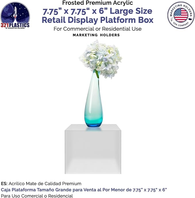 Frosted Acrylic Display Box Versatile 5 Sided Pedestal No Lid 7.75" x 7.75" x 6" Opaque Merchandise Storage Bin Retail Product Riser One Open Side by Marketing Holders