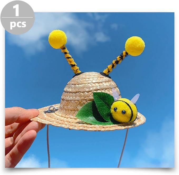 YARNOW Creative Bee-Shaped Pet Hat for Dogs and Cats, Wheat-Straw Material, Safe and Delicate Design, for Holidays and Halloween Party Decoration