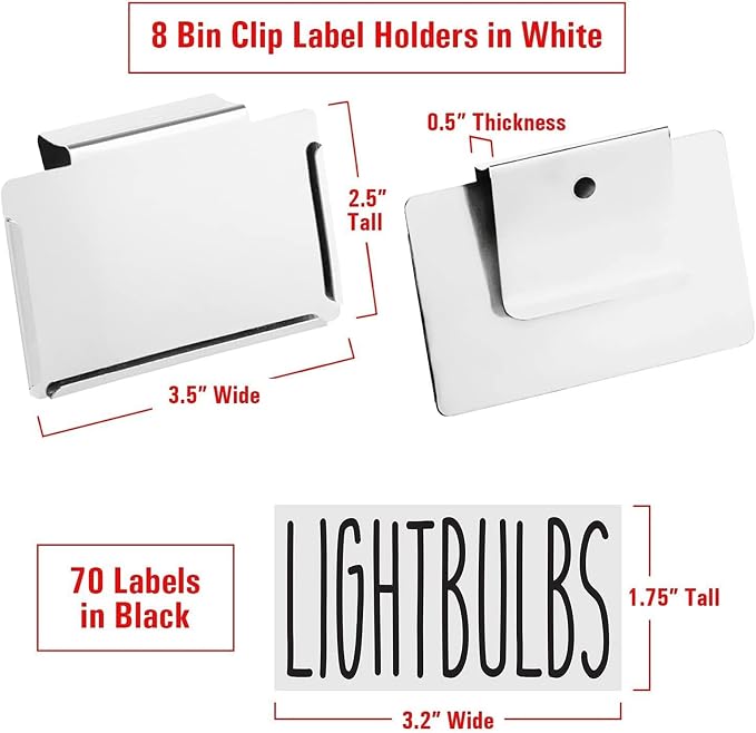 Talented Kitchen Storage Bin Label Holder Set - Easy-On Clip-On Tags for Storage Bins - 70 Preprinted Pantry Labels for Containers & Baskets - 8-Pack, 3.5" x 2.5", White