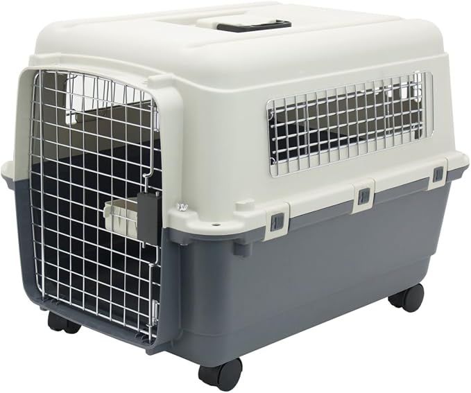 SportPet Airline Compliant MEDIUM 24.25" Travel Dog Kennel-Durable Plastic Airline Pet Carrier w/Removable Wheels & Food Bowls, Collapsible Indoor/Outdoor Dog Kennel, Dogs up to 23"L & 15"H-Cream/Gray