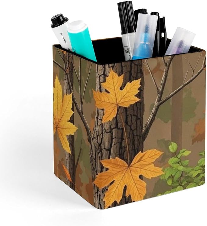 Pu Leather Pencil Cup for Men Women Desktop Square Pen Pencil Holder Hunting Camo Fall Maple Leaf Stationery Container Box for Office Supplies