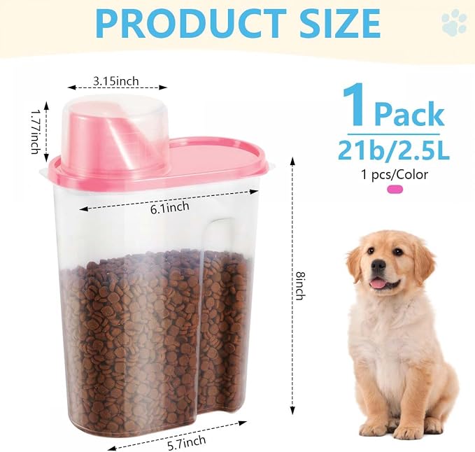 SenseYo Pet Food Storage Container 2lb 2.5L Translucent Cat Dog Food Storage Container Dispenser with Measuring Cup Pour Spout Sealed Cover for Pets (Pink 1pcs)