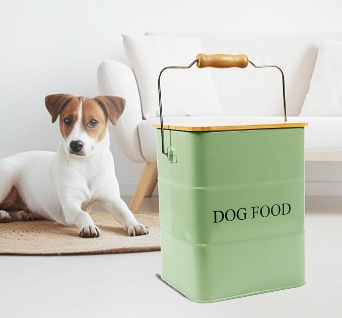 Morezi Metal Dog Food Storage Container 5~6 lbs, Pet Food Treat Canister | Airtight Dog Treat Food Storage Tin with Wooden Lid and Scoop- Powder Coated Carbon Steel- for Dry Dog Cat Food Kibble-Green