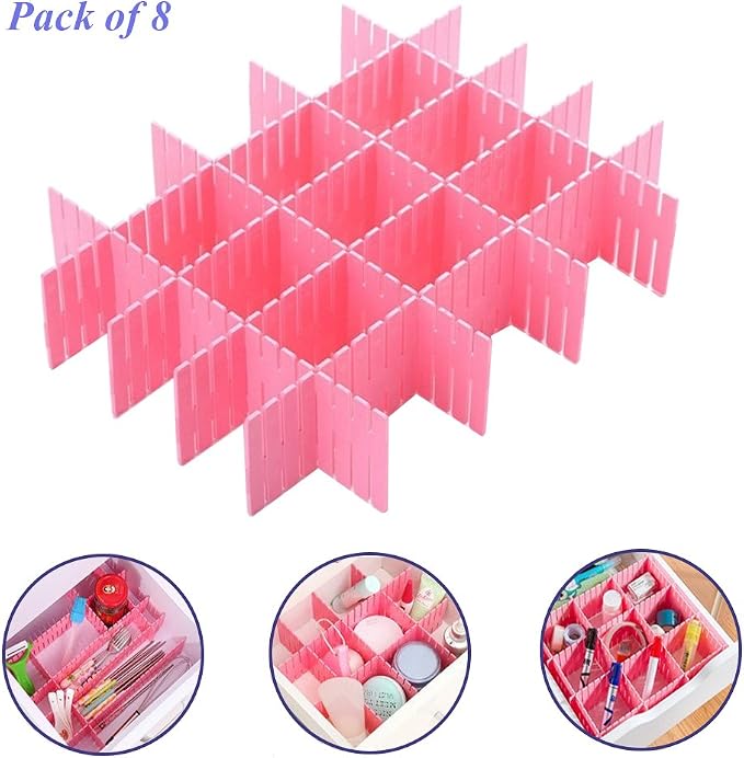 8pcs DIY Plastic Drawer Organizer Adjustable Drawer Dividers for Home Tidy Closet, Socks, Underwear, Office School Supplies, Kitchen Utensil Tools (Pink)