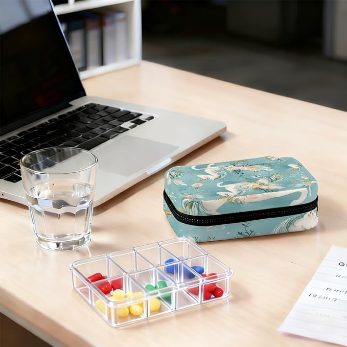 Weekly Pill Organizer Travel Size Bag with Removable 7 Day Pill Box Portable Vitamin Case Purse with Zipper,Unicorns Flowers Blue Pattern