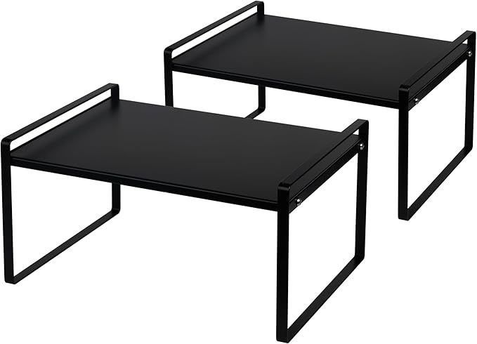 Nxconsu Stackable Cabinet Shelf Organizer 2 Pack, Wide Tall Black | Heavy-Duty 3mm Steel Stackable 2-Tier Shelf, Holds 50 lb, for Kitchen Cabinet Pantry Cupboard Counter Bathroom Under Sink