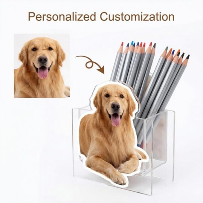 KIJ Custom Shaped Acrylic Pen Holder for Desk,Personalized Picture Pencil Cup Desk Organizer with Your Photo Custom Silhouette,Unique Office Supplies Desktop Stationery Makeup Brush Storage Holder