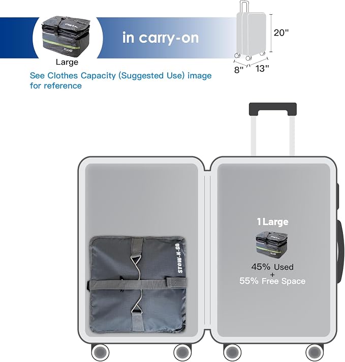 Stow-N-Go Hanging Travel Shelves, Packing Organizer for Luggage. Carry on Closet for Suitcase. Expandable Packing Cube. Travel Essentials. (Dark Gray - L, L = (L) 11.8" x (W) 11.8")
