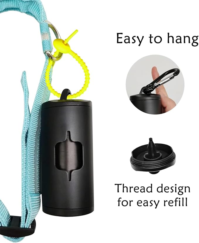 YUCHIYA Aluminum Dog Poop Bags Holder with Carabiner Metal Pet Waste Bags Dispenser with Hook and Loop Fastener and Elastic Cord to Carry Used Bags (Black, 1 Holder 15 Bags)