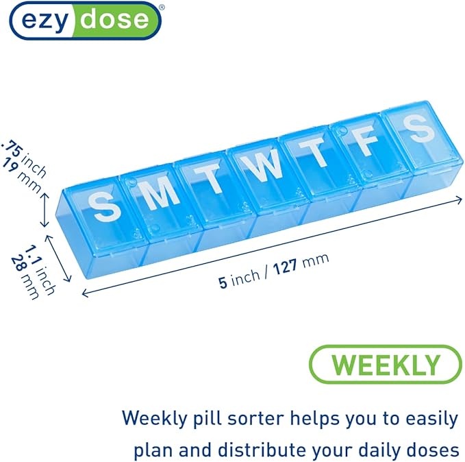 Ezy Dose Weekly (7-Day) Pill Organizer, Medium Planner, Blue, BPA-Free | Compact Daily Vitamin & Supplement Medicine Case, Pop Up Compartments, Convenient and Easy to Use, Travel-Friendly, BPA-Free