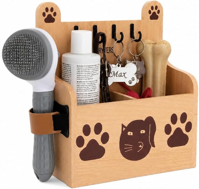 Handmade Pet Grooming Organizer – Solid Beechwood & Leather Holder for Dog & Cat Brushes, Combs & Accessories – Minimalist Premium Stand for Grooming Essentials