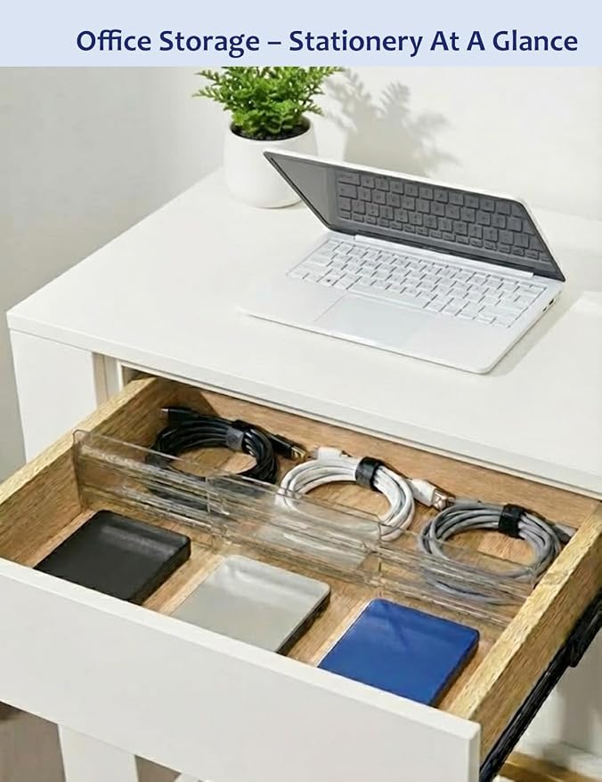Adjustable Drawer Dividers 5 Pack, 3.15" High, Smoke Plastic | 11"-20" expanding shallow drawer organizer with non-slip pads for socks, makeup, kitchen, bathroom and office.