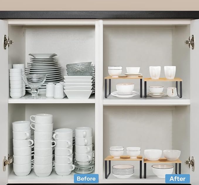 NEX Bamboo Cabinet Organizer Shelf, Kitchen Counter Shelves Set of 4 | Stackable & Expandable Spice Rack, Space-Saving Pantry Organizers Bathroom Countertop Storage, Natural and Black
