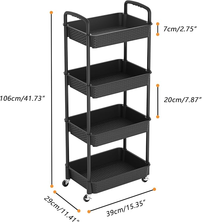MOYIPIN 4-Tier Plastic Rolling Utility Cart with Handle, Black | Utility Storage Cart for Office, Living Room, Kitchen,Movable Storage Organizer，Easy installation，Rattan-like art design