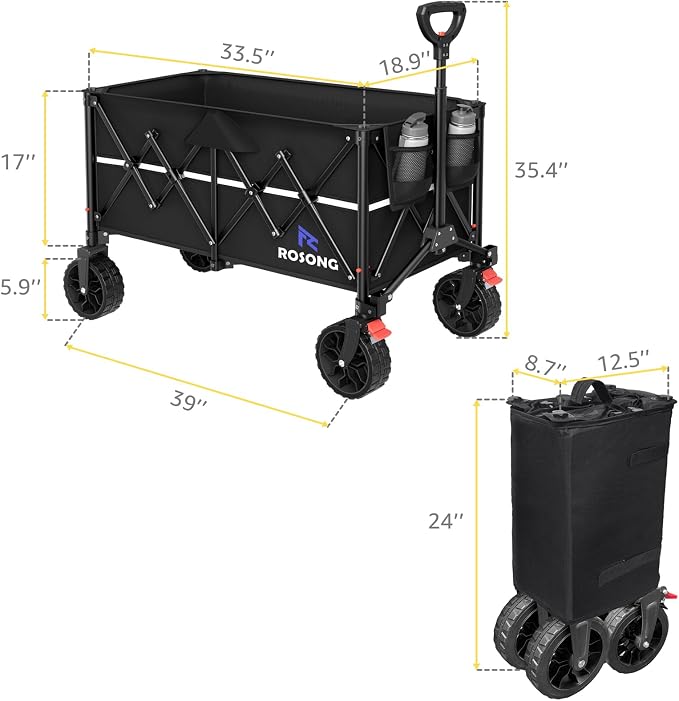 ROSONG Collapsible Wagon Cart with Wheels Foldable - Folding Utility Heavy Duty Wagons Carts for Grocery Sports Garden Shopping Camping Wheelbarrows (Black, 150L)