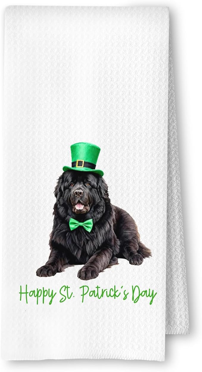 St. Patrick's Day Newfoundland Kitchen Towels, Newfoundland Dog Gifts Dish Tea Towel for Kitchen Decor, Irish Leprechaun Hat Dog Hand Towels for Bathroom Decor, 16x24 Inches