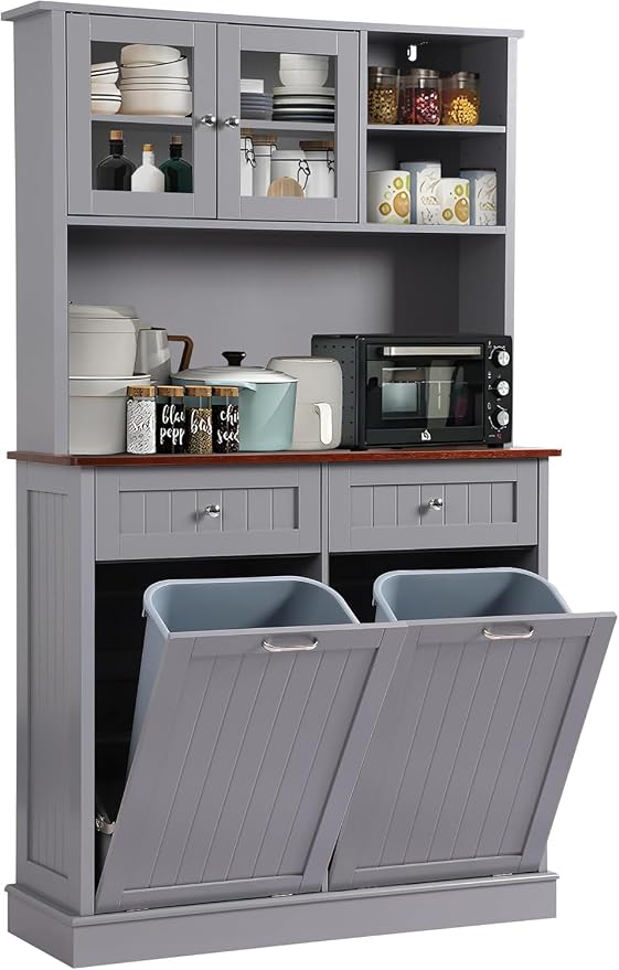 68.4" Kitchen Pantry Storage Cabinet, Freestanding Cupboard with Shelf, 2 Drawers and 2 Tilt Out Trash Cabinet, Tall Cabinets for Kitchen, Dinning Room, Living Room (Elegant Grey, Double Tilt)