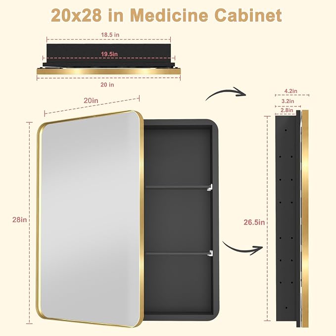 20x28 in Brushed Gold Medicine Cabinet with Mirror for Bathroom, Gold