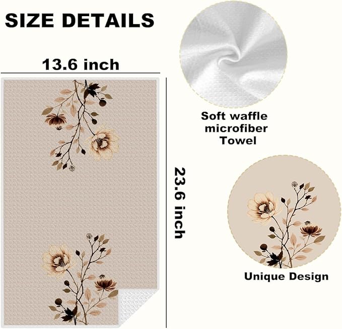 4 Pcs Artistic Flower Kitchen Towels, Vintage Decorative Absorbent Microfiber Dish Cloth Tea Towel, Aesthetic Waffle Soft Hand Towels for Farmhouse Home Bathroom Kitchen Decor, Housewarming Gifts
