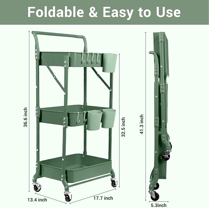 Amatic 3-Tier Folding Rolling Utility Cart with Wheels, Metal Foldable Storage Cart Organizer with 3 Hanging Cups & 6 Hooks for Kitchen, Office, Living Room, Nursery(Green)