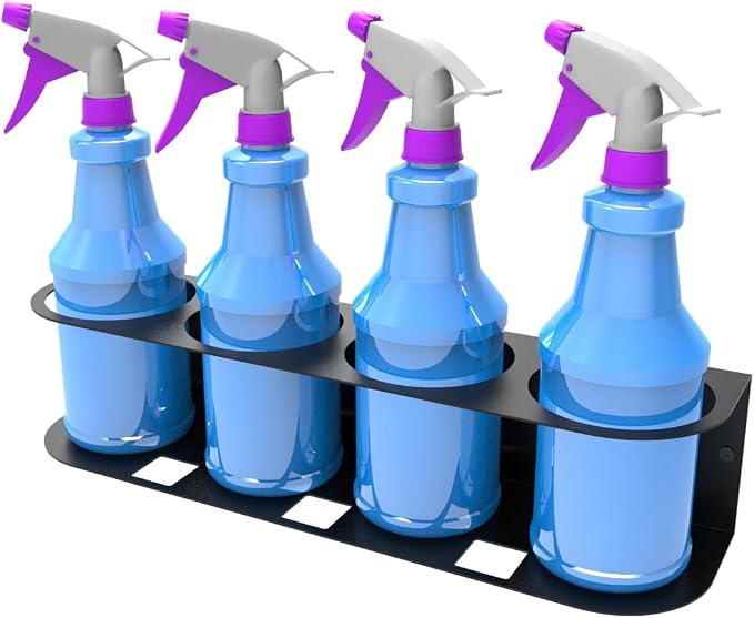 4 Spray Bottles Holder, Steel Wall Mount Storage Organizer | for All-Purpose at Garage and Home (SBH-4B1Pc)