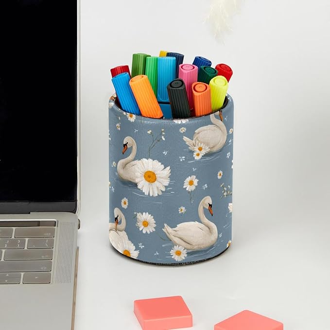 Faux Leather Pen Holder for Desk, Pencil Organizer Geese and Daisies Pen Cup Desk Decor Makeup Brush Holder Storage for Office Home