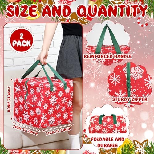 Kajaia 2 Pcs Christmas Ornament Storage 12 x 12 x 12 Inch Snowflake Holiday Accessories Bag Christmas Storage Containers Tear Proof Xmas Ornament Organizer with Handles Full Length Zipper (Red)