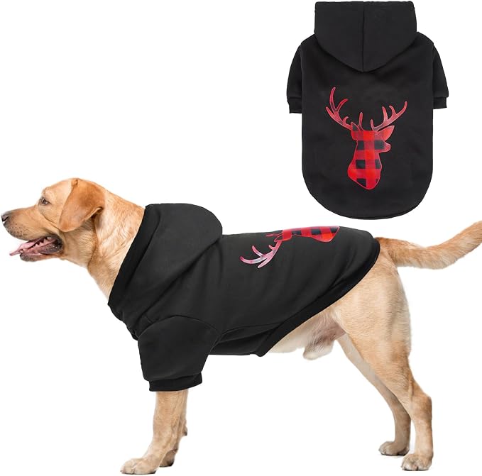 SCENEREAL Christmas Dog Hoodie with Leash Hole, Warm & Soft Fleece Pet Sweater & Sweatshirt for Small Medium Large Dogs, Xmas Elk Print Pets Clothes Cold Weather Costume, 2XL