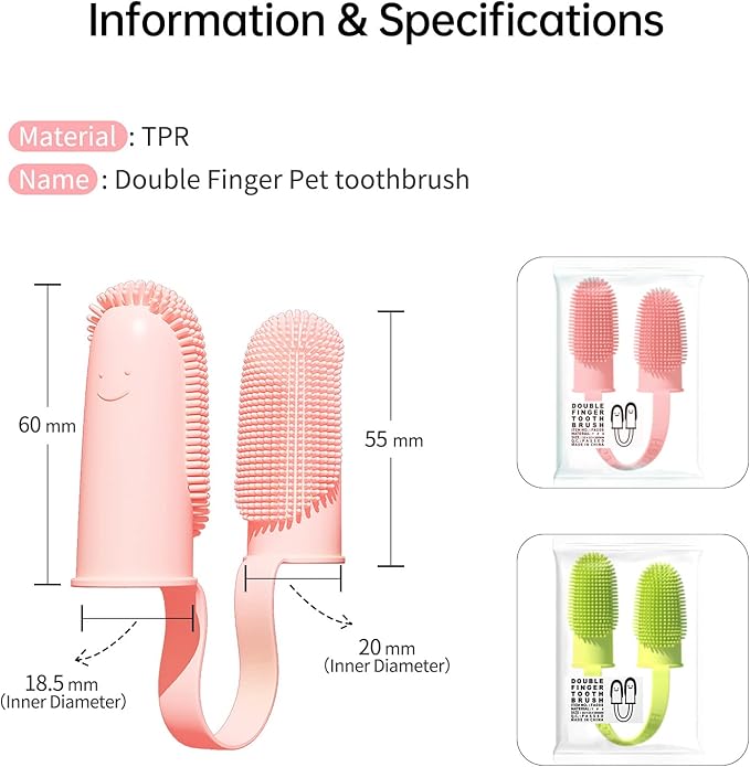 Finger Toothbrush 2 Pack - 135 Surround Bristles for Dog Teeth Cleaning, Pet Dental Care for Puppies, Cats and Small Dogs (Pink and Green)